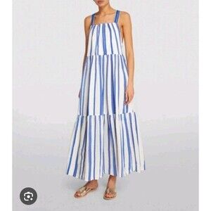 ME + EM Bold Stripe Maxi Dress Blue Sleeveless Size US 6 Halter Neck Pockets NWT